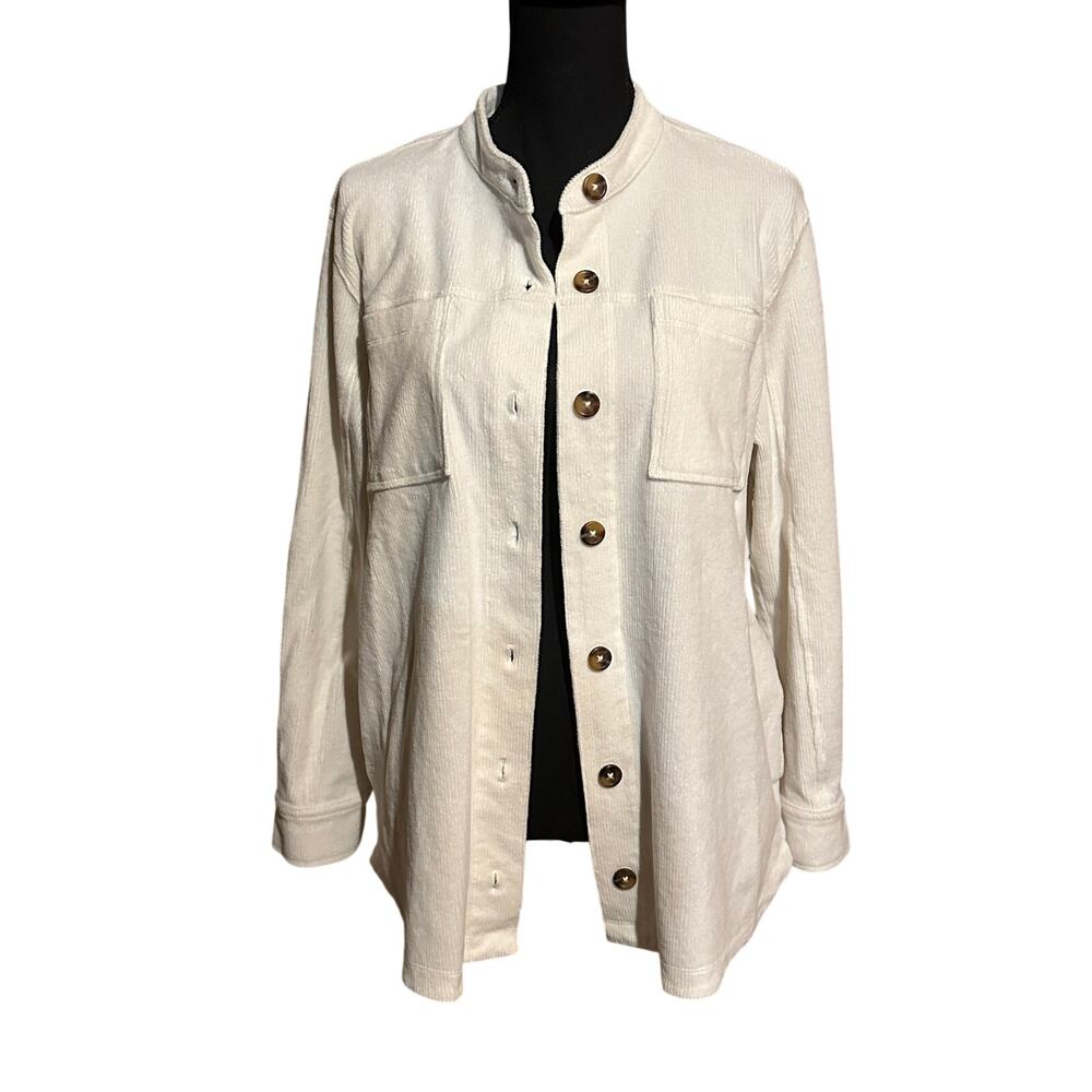 Lands End Cream Cotton Blend Cinched Back Button Front Shirt Size L